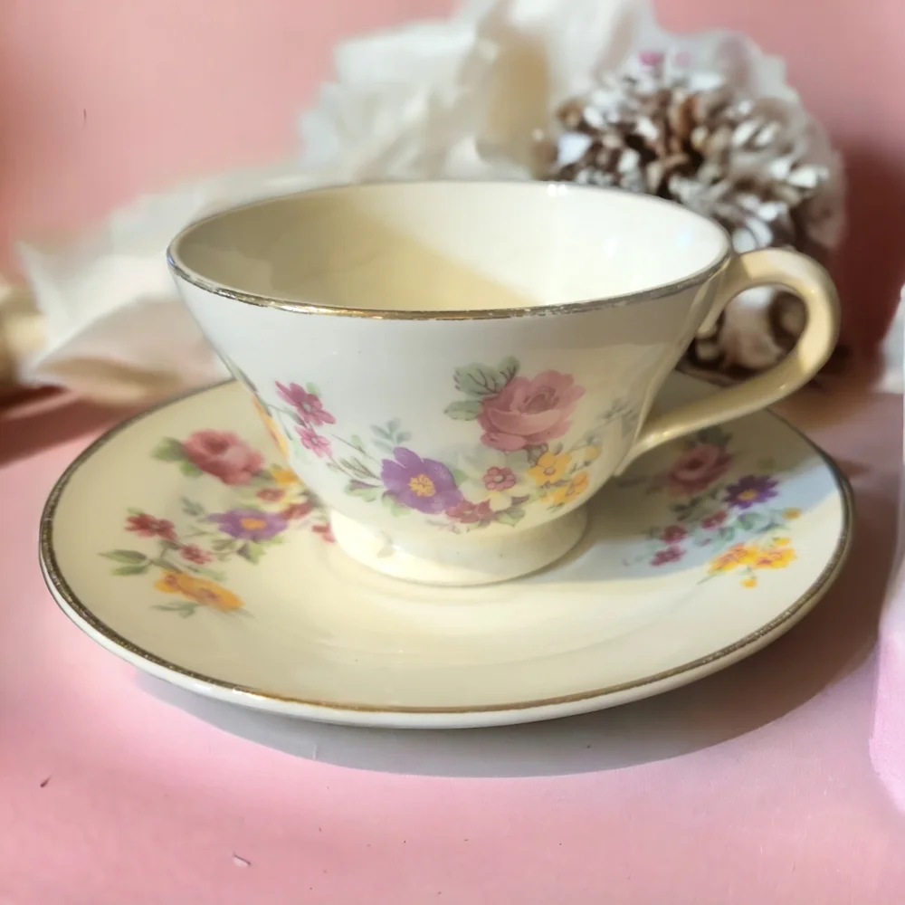 1 Vtg Edwin Knowles Tea Coffee Cup & Saucer Plate Hand Painted Gold Trim Flowers